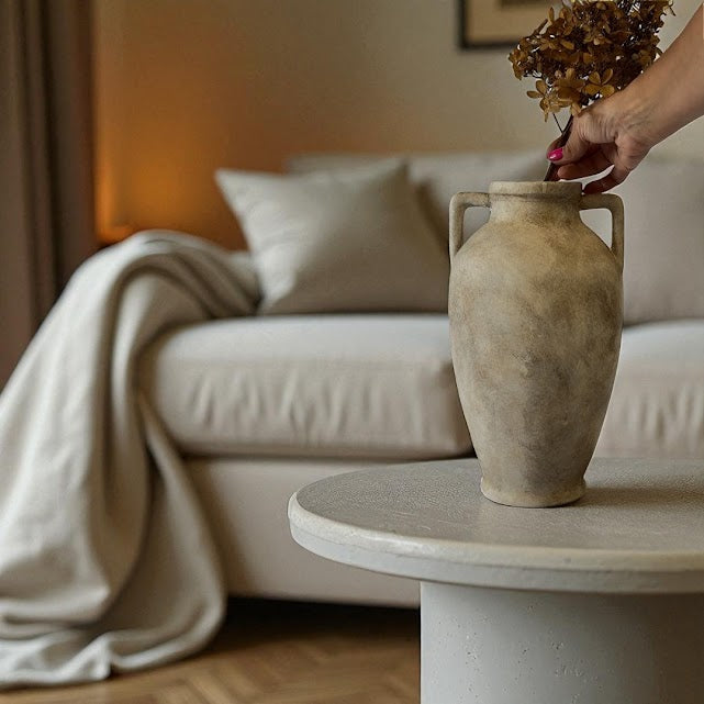 Hearth Terracotta Pot with Handles, Hand-Painted in Aged White, 6.9"D X 12.6"H
