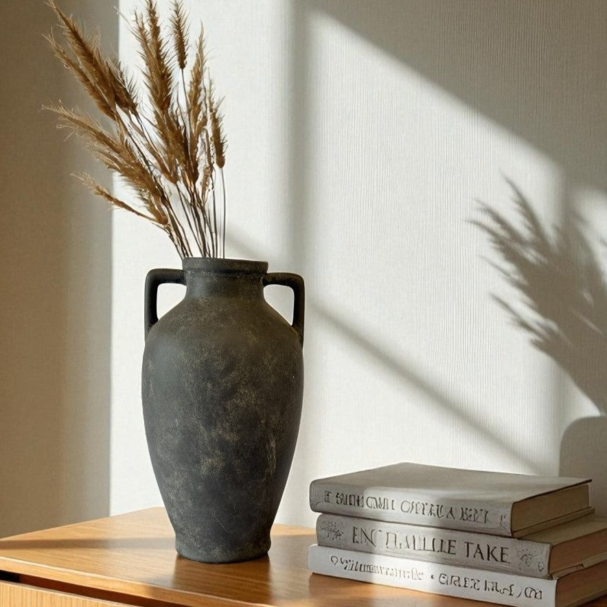 Hearth Terracotta Pot with Handles, Hand-Painted in Aged Black, 6.9"D X 12.6"H