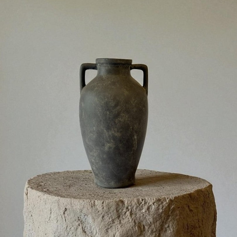 Hearth Terracotta Pot with Handles, Hand-Painted in Aged Black, 6.9"D X 12.6"H