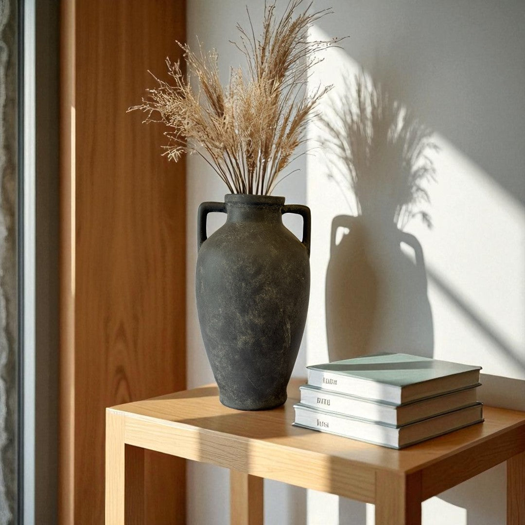 Hearth Terracotta Pot with Handles, Hand-Painted in Aged Black, 6.9"D X 12.6"H