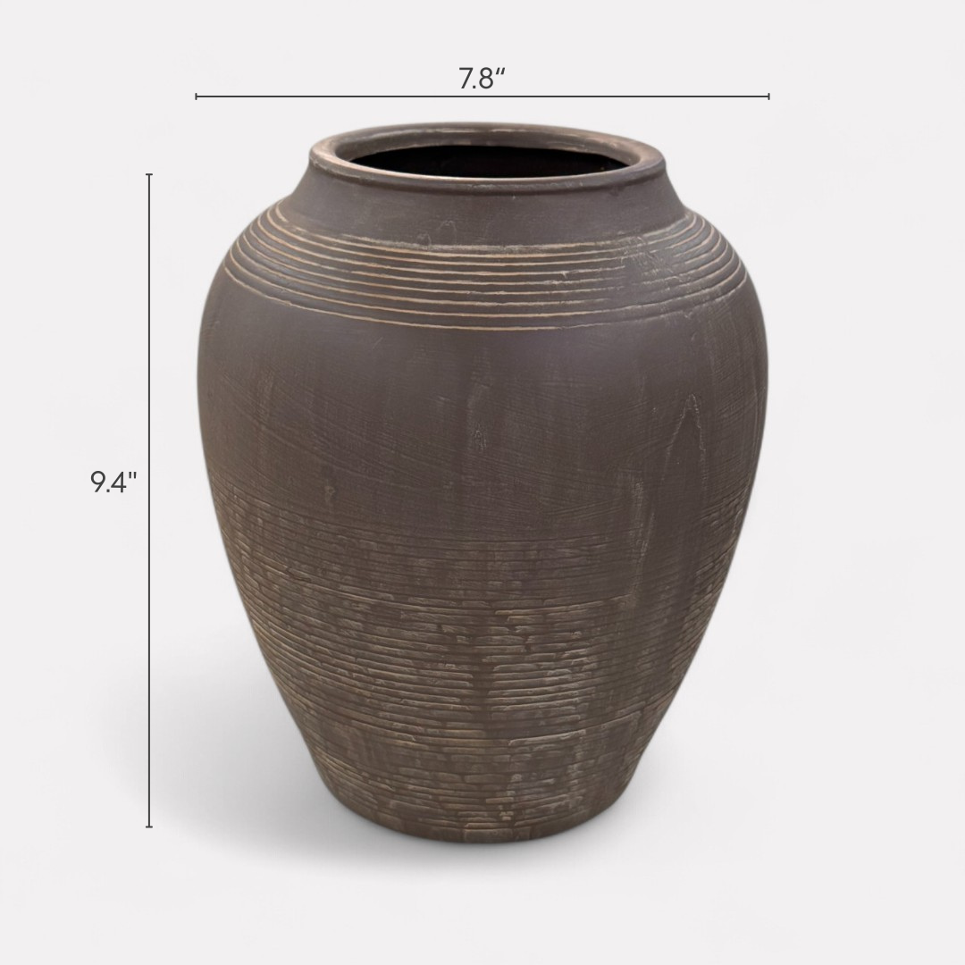 Heritage Classic Terracotta Vessel, Hand-Painted in Earthly Brown 7.8"D x 9.4"H