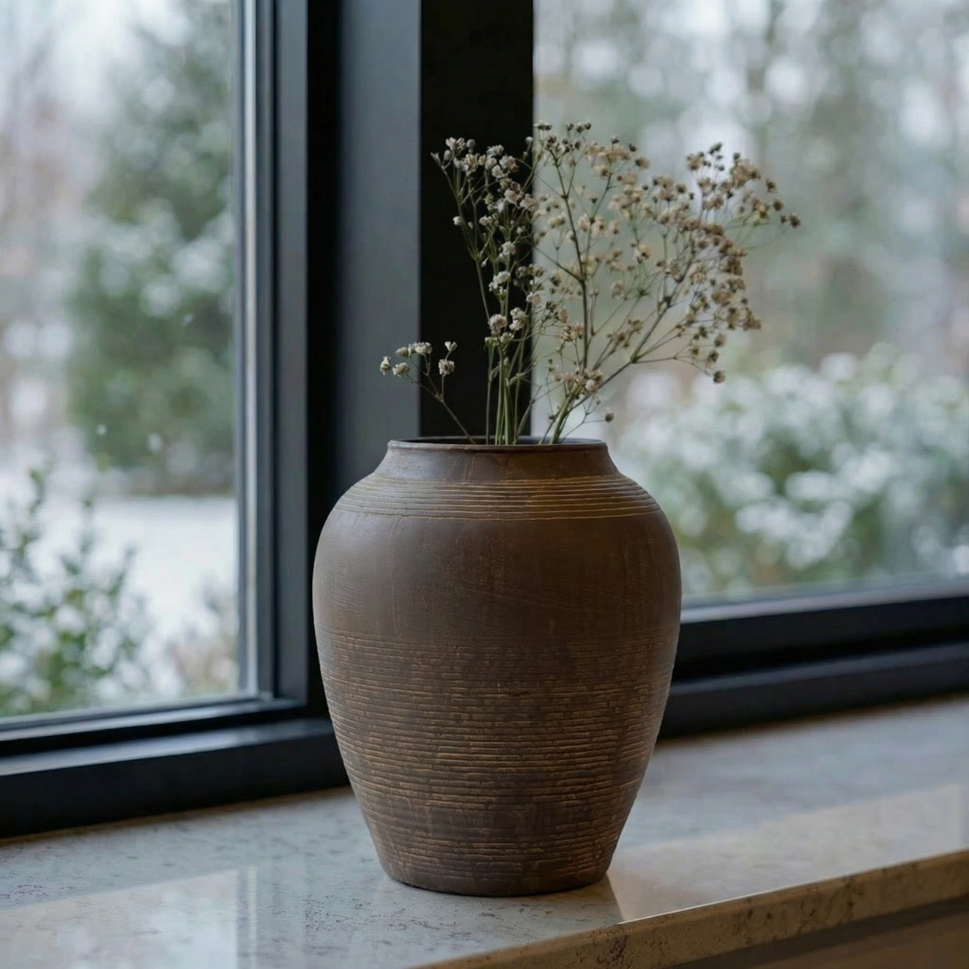 Heritage Classic Terracotta Vessel, Hand-Painted in Earthly Brown 7.8"D x 9.4"H