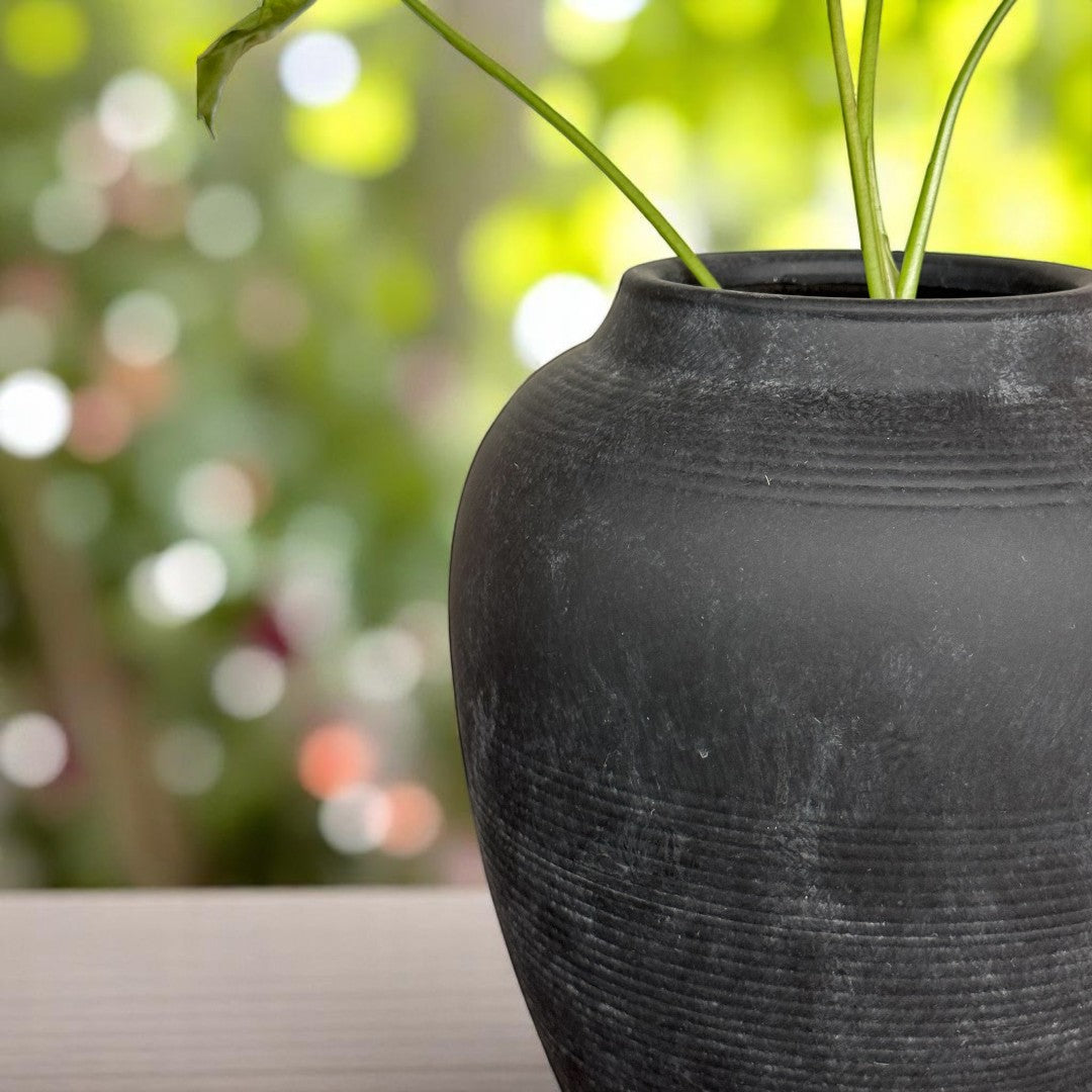 Heritage Classic Terracotta Vessel - Hand-Painted in Weathered Black, 7.8"D x 9.4"H