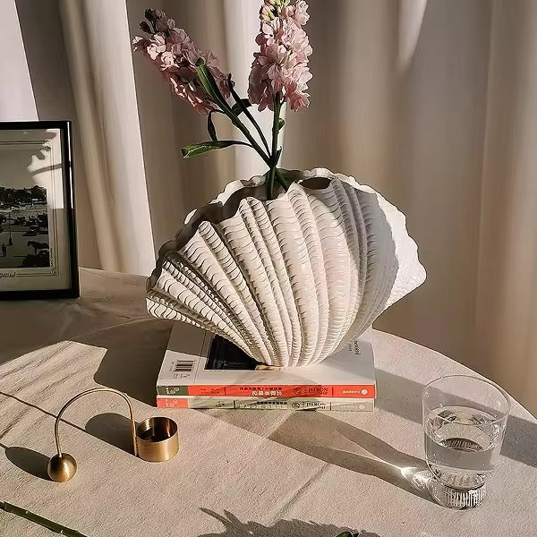 Coraline, Terracotta Vase Handpainted in Oyster White, 12.2"L x 8.2"H