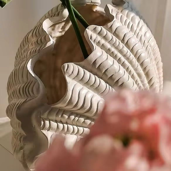 Coraline, Terracotta Vase Handpainted in Oyster White, 12.2"L x 8.2"H