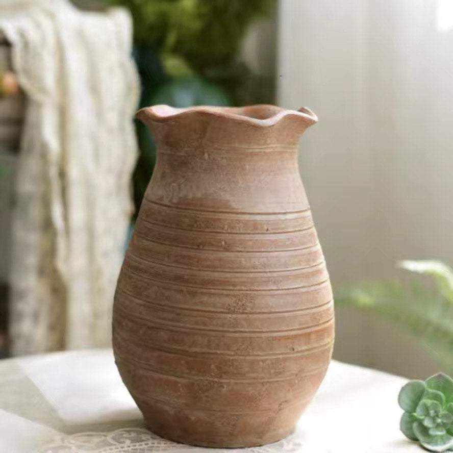 Sable Scalloped Crock,Terracotta Pot,Hand-Painted in Earthly Brown, 6.2"D x 9.4"H