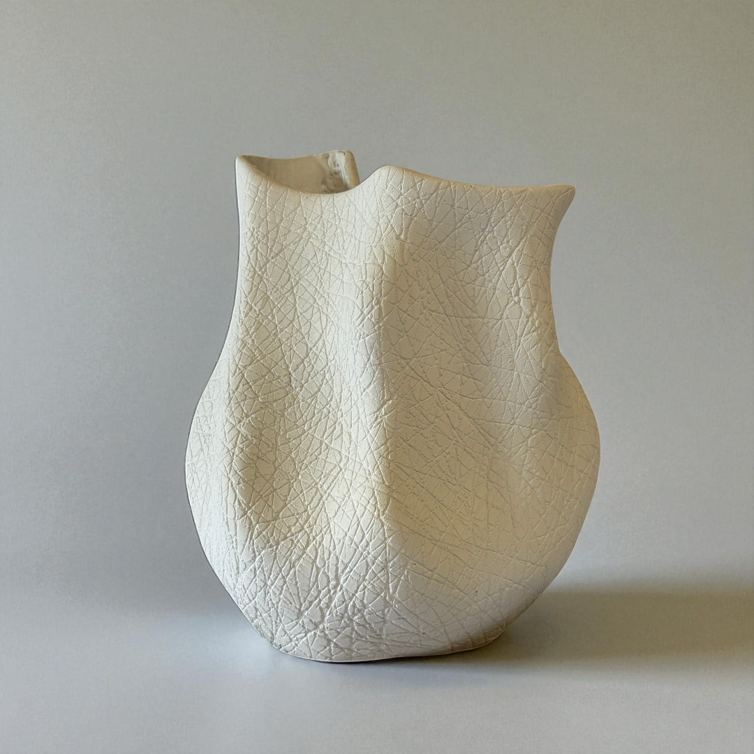 Everest Terracotta Vessel, Hand-painted in White Dove, 11.4"L x 13.4"H