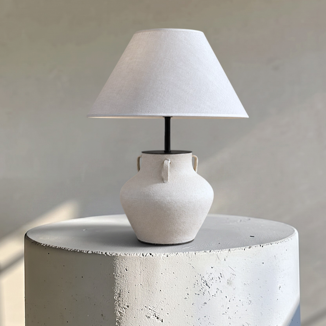 Iona, Sand-Hued Ceramic Base with Soft Linen Fabric Shade, 16.5" D x 20.5" H