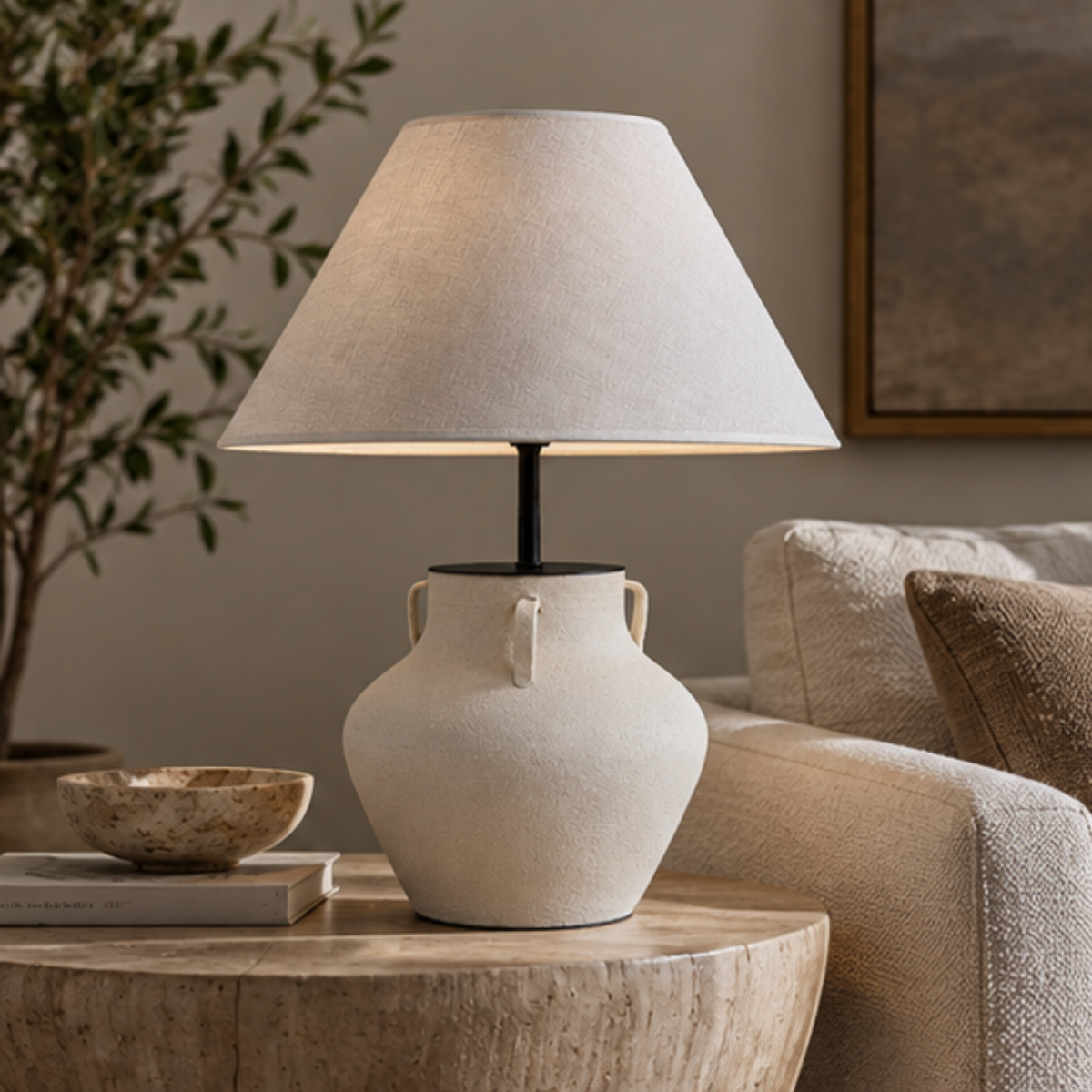 Iona, Sand-Hued Ceramic Base with Soft Linen Fabric Shade, 16.5" D x 20.5" H
