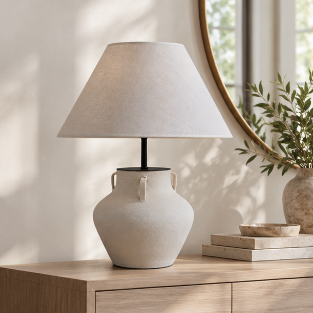 Iona, Sand-Hued Ceramic Base with Soft Linen Fabric Shade, 16.5" D x 20.5" H
