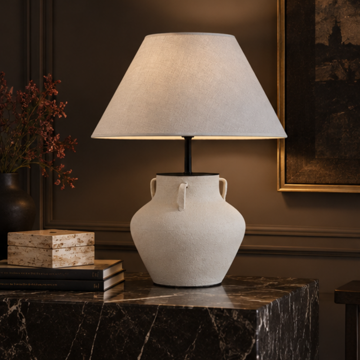 Iona, Sand-Hued Ceramic Base with Soft Linen Fabric Shade, 16.5" D x 20.5" H