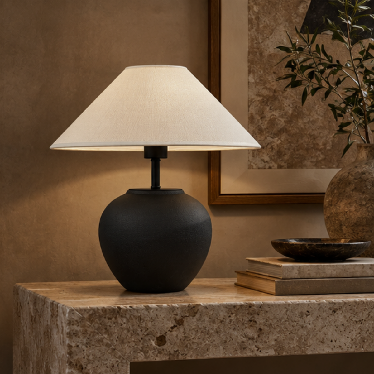 Lumora, Matte Ceramic Lamp, Noir Haven Silhouette with a Textured Fabric Shade 15.7"D x 16"H