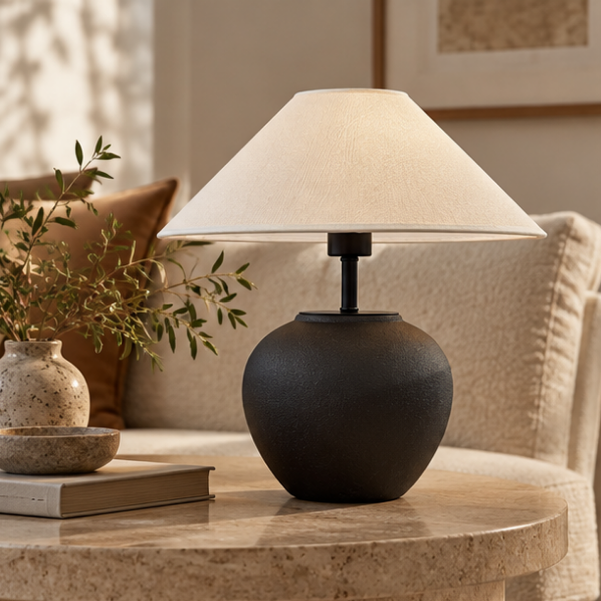 Lumora, Matte Ceramic Lamp, Noir Haven Silhouette with a Textured Fabric Shade 15.7"D x 16"H