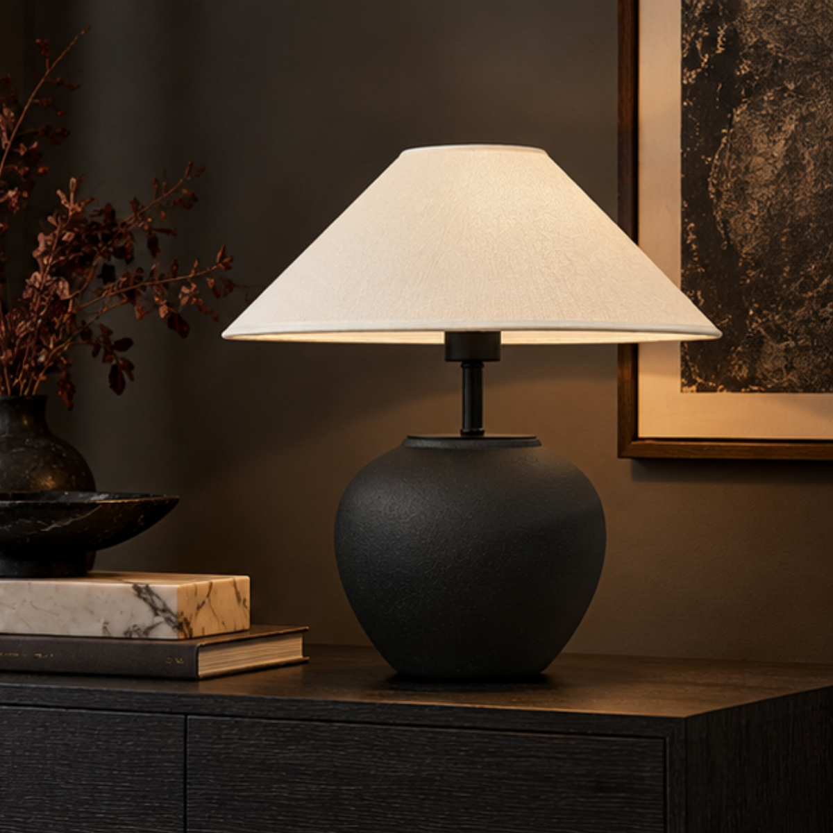 Lumora, Matte Ceramic Lamp, Noir Haven Silhouette with a Textured Fabric Shade 15.7"D x 16"H