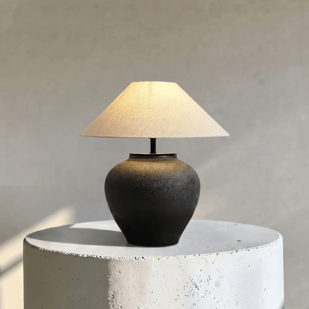 Lumora, Matte Ceramic Lamp, Noir Haven Silhouette with a Textured Fabric Shade 15.7"D x 15"H