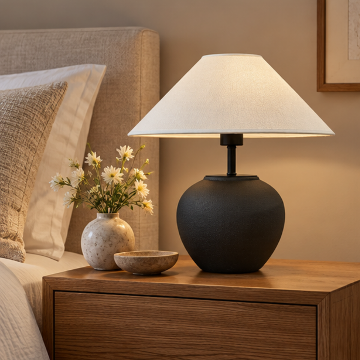 Lumora, Matte Ceramic Lamp, Noir Haven Silhouette with a Textured Fabric Shade 15.7"D x 16"H