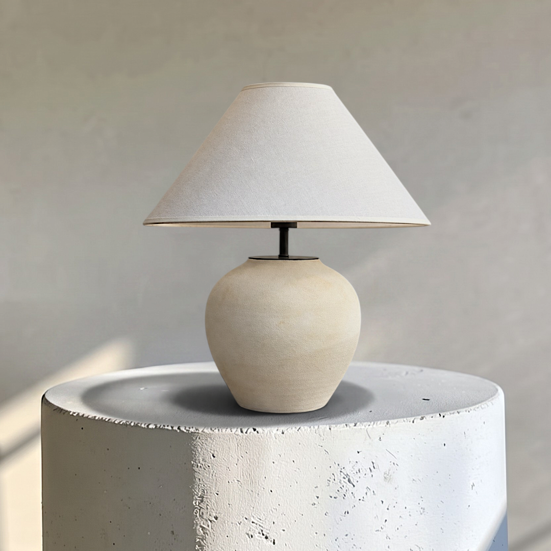 Luna, Sculpted Table Lamp, Moonlit Sphere with a Linen Shade 17.7" D x 22" H