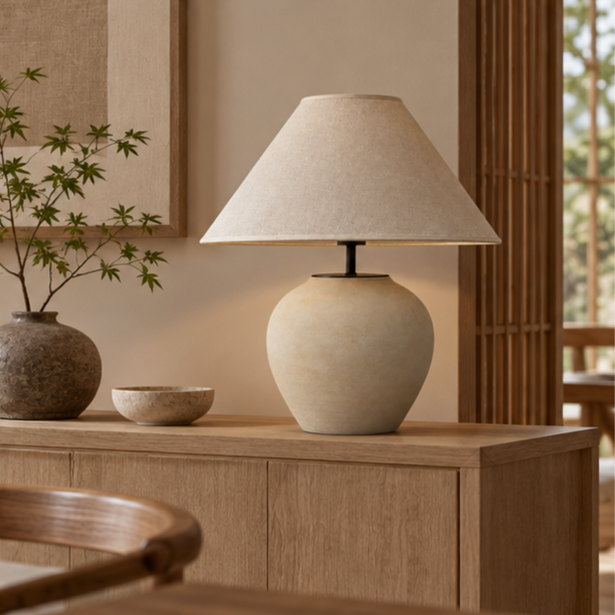Luna, Sculpted Table Lamp, Moonlit Sphere with a Linen Shade 17.7" D x 22" H