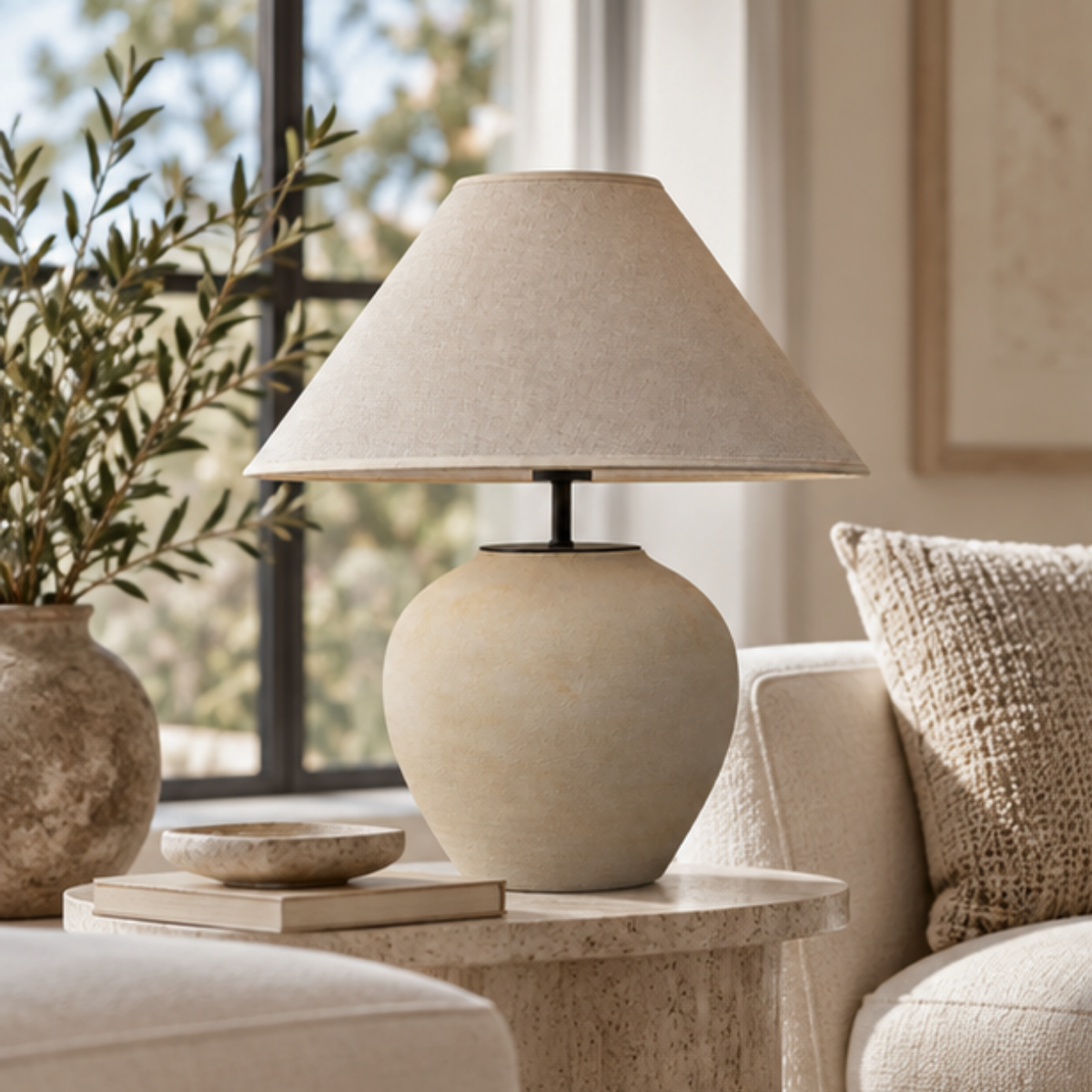 Luna, Sculpted Table Lamp, Moonlit Sphere with a Linen Shade 17.7" D x 22" H