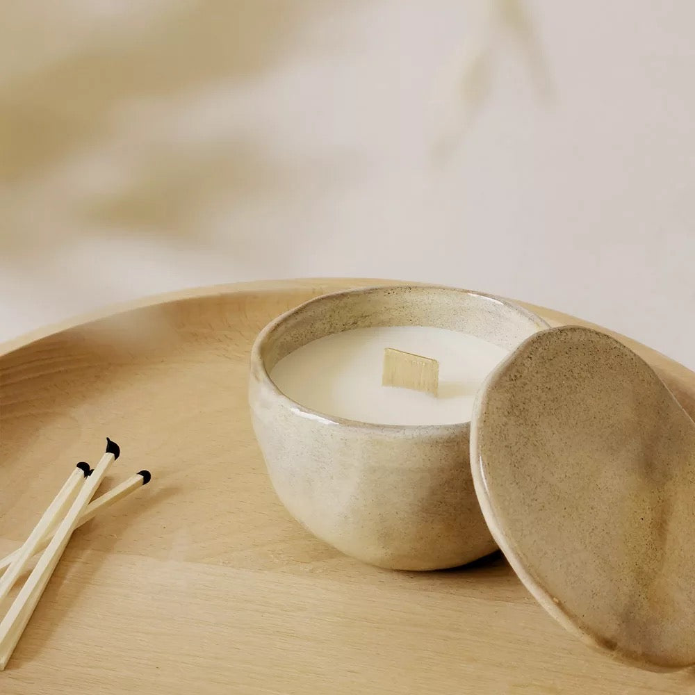 Solace Sands, Handcrafted Candēla with Ceramic Vessel & Lid, 2.7" D x 2.7"H