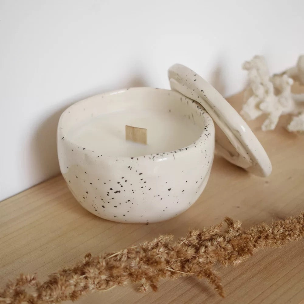 Speckled Solace, Handcrafted Candēla with Ceramic Vessel & Lid, 2.7" D x 2.7"H