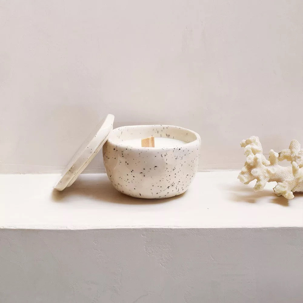 Speckled Solace, Handcrafted Candēla with Ceramic Vessel & Lid