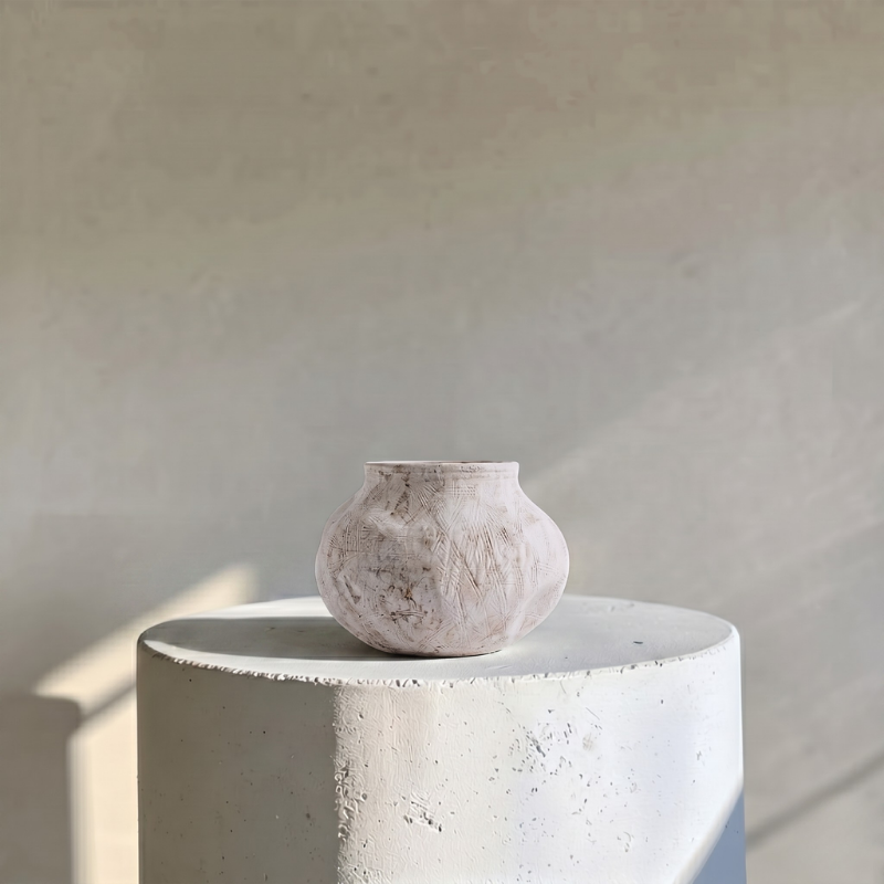 Medina, Terracotta Planter, Hand-painted in Antique White, 8.6"D x 5.7"H