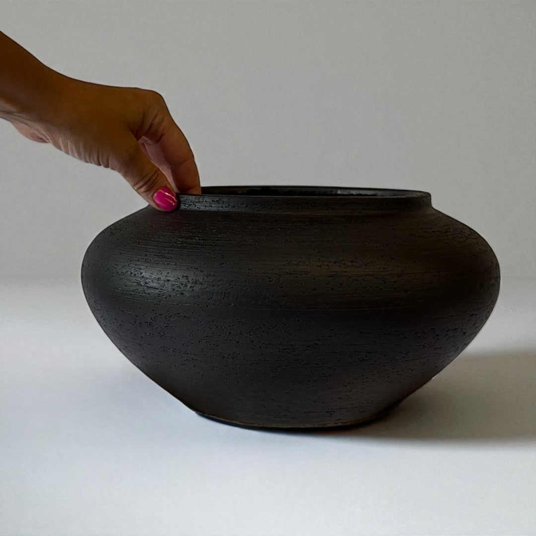 Milan, Terracotta Vessel, Handpainted in Jet Black, 12.5"D x 6.2"H