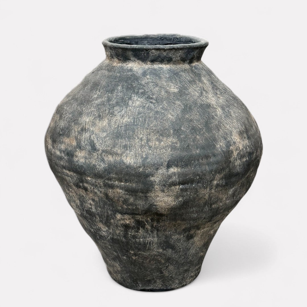 Mojave Rustique Fiber Clay Vessel, Hand-Painted in Weathered Black 15.7" D x 18.8" H