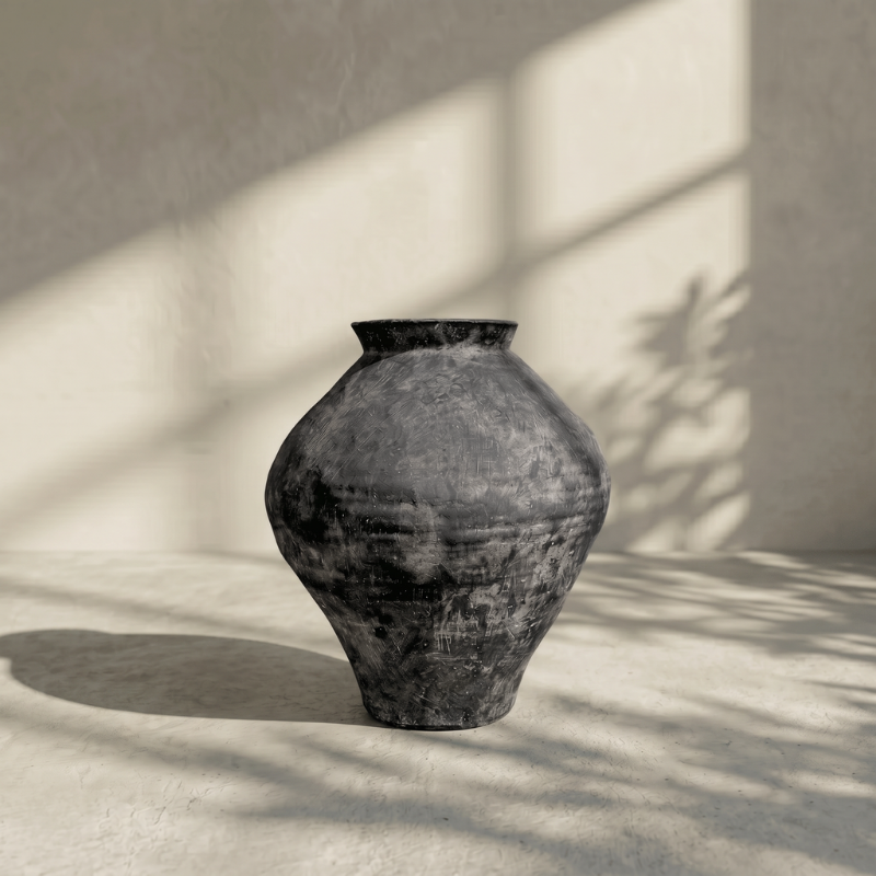 Mojave Rustique Fiber Clay Vessel, Hand-Painted in Weathered Black 15.7" D x 18.8" H