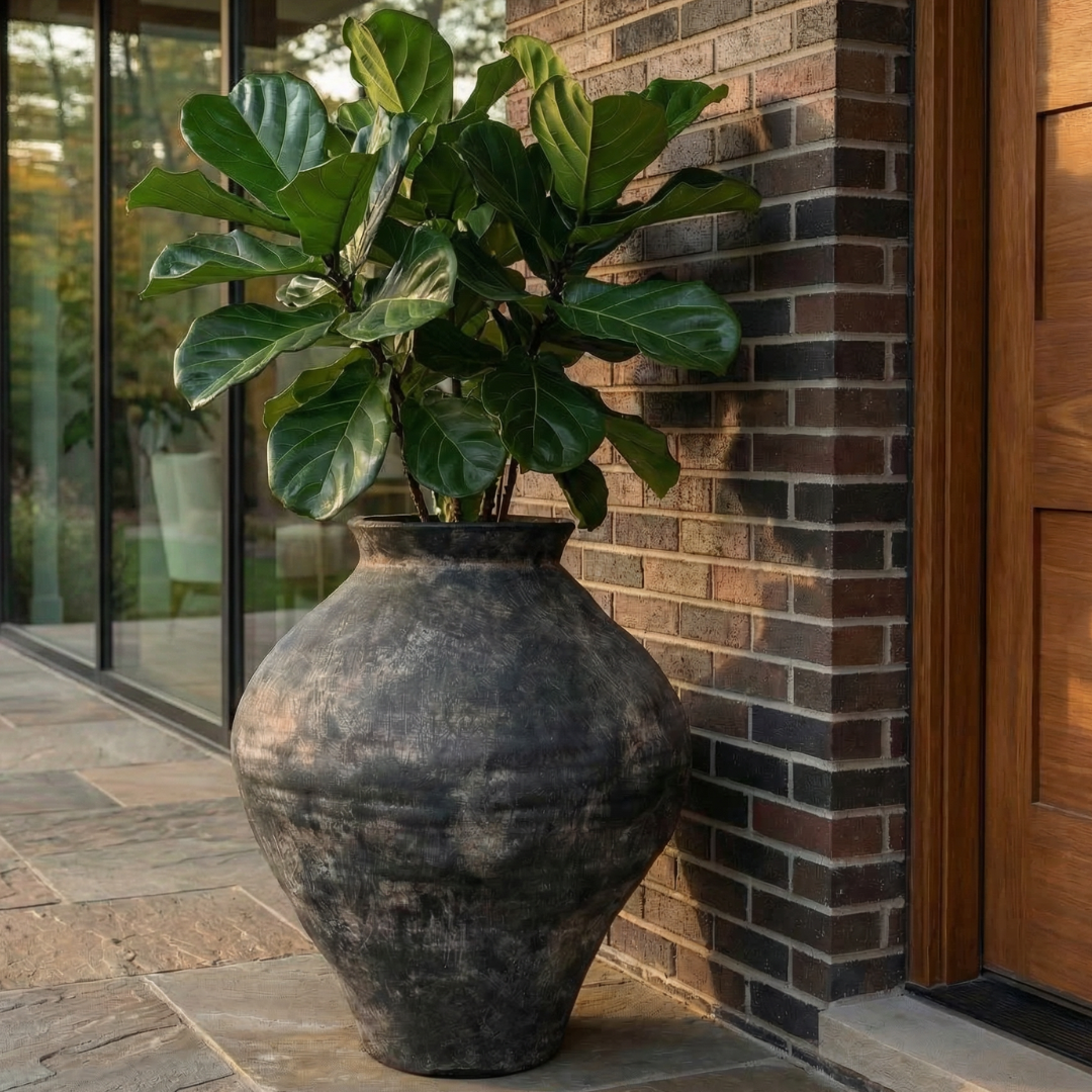 Mojave Rustique Fiber Clay Vessel, Hand-Painted in Weathered Black 15.7" D x 18.8" H