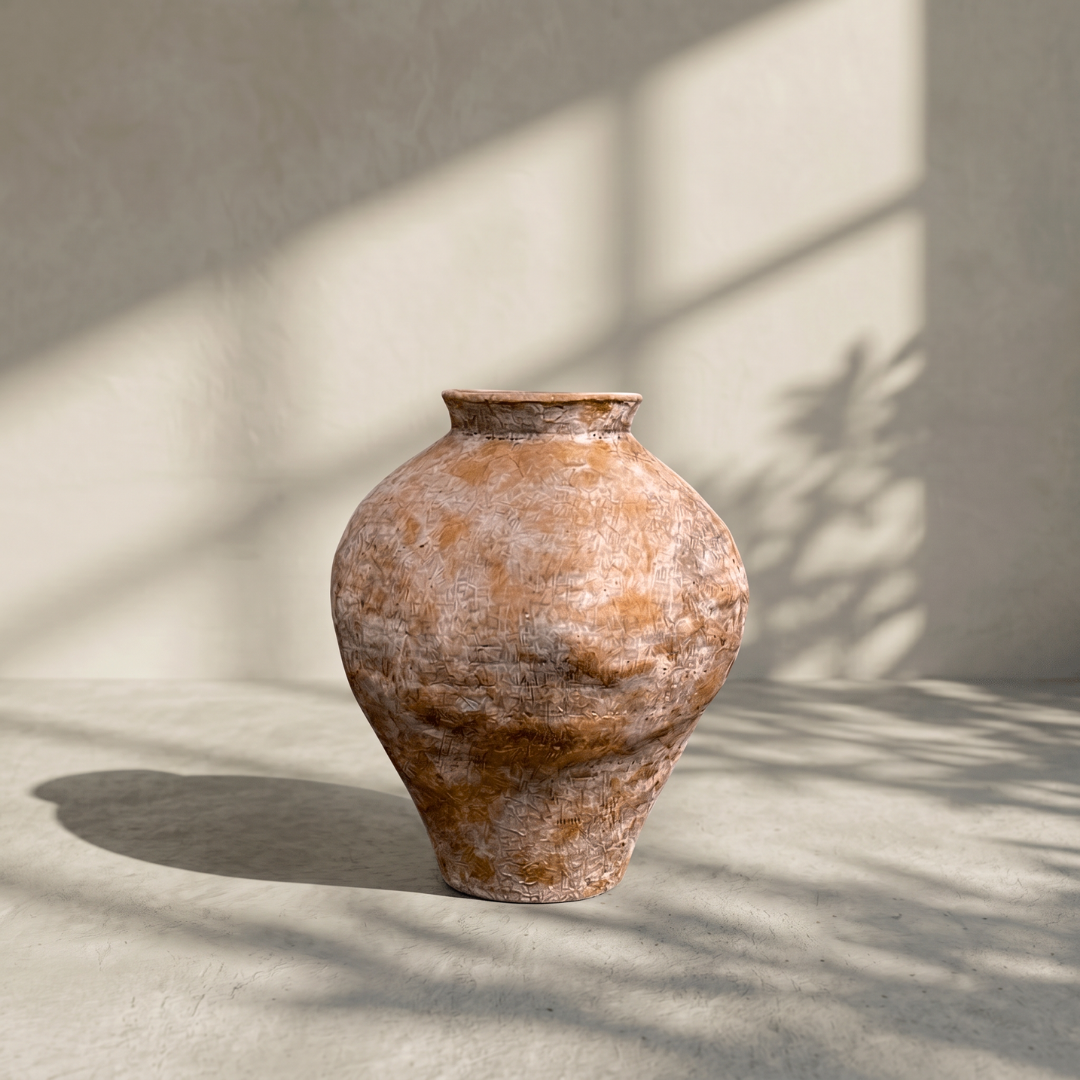 Mojave Rustique Fiber Clay Vessel, Hand-Painted in Aged Terracotta 15.7" D x 18.8" H