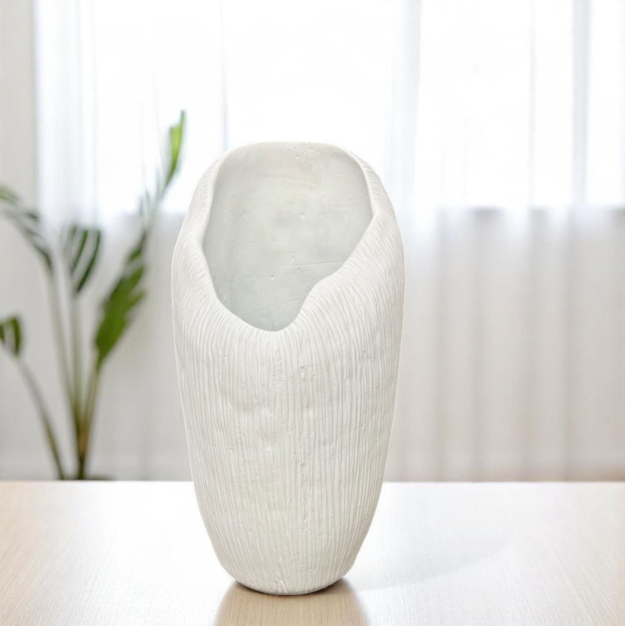 Zephyr Vasque, Artisan Cement Display Piece Hand-painted in White Dove, 8.2"D x 15.7"H