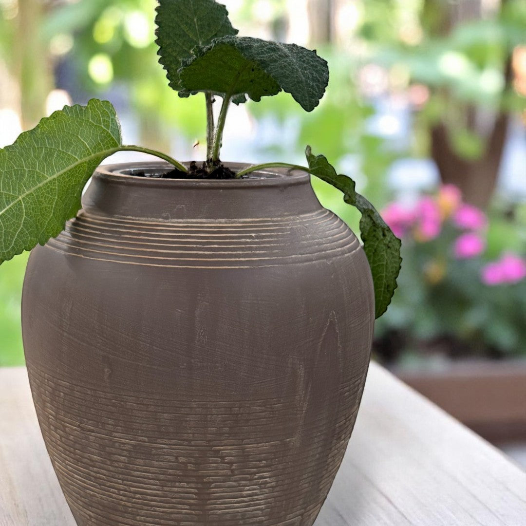 Heritage Classic Terracotta Vessel, Hand-Painted in Earthly Brown 7.8"D x 9.4"H