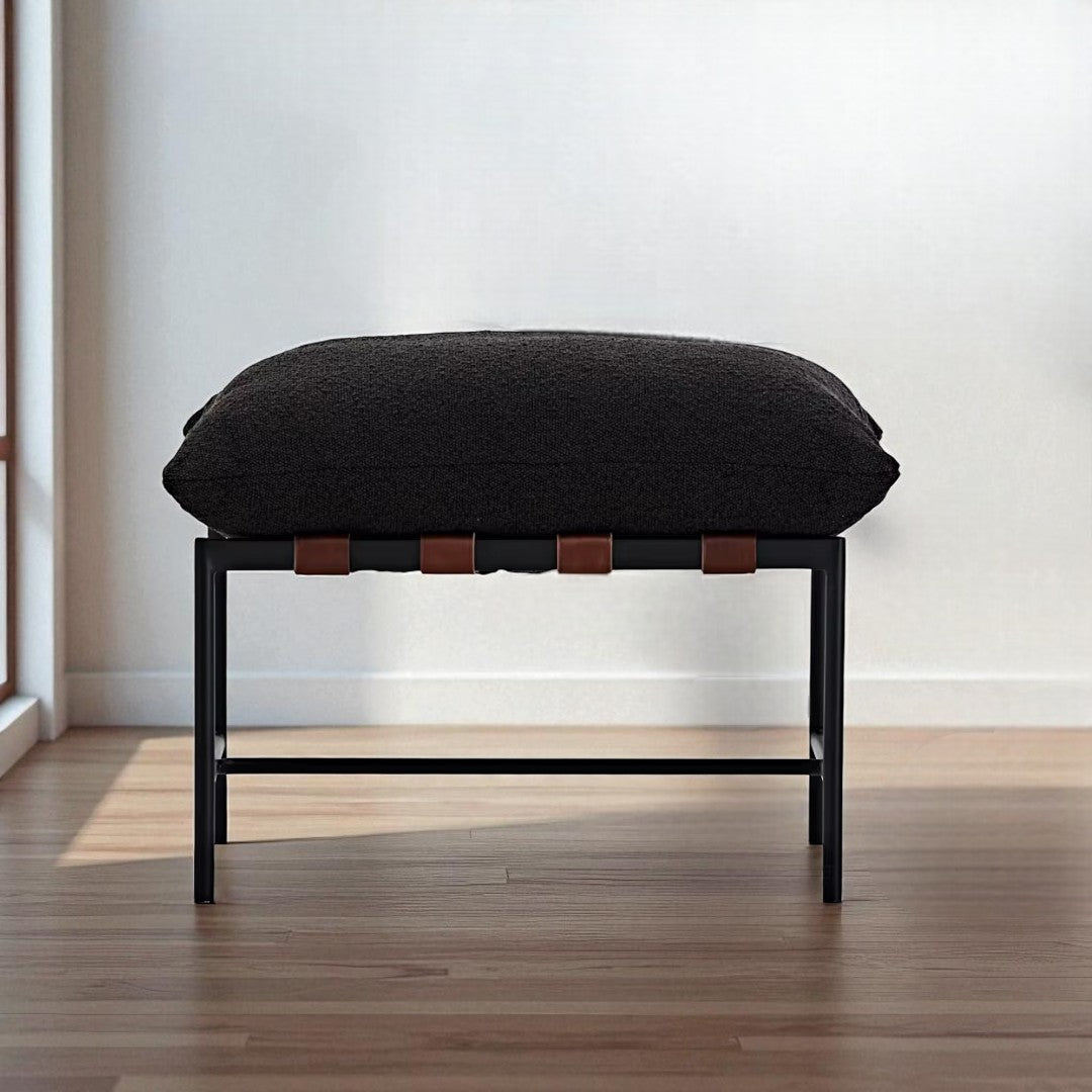 Vera, Steel & Leather Lounge Chair Foot Stool in Boucle Black, 24”L x 17”W x 14”H