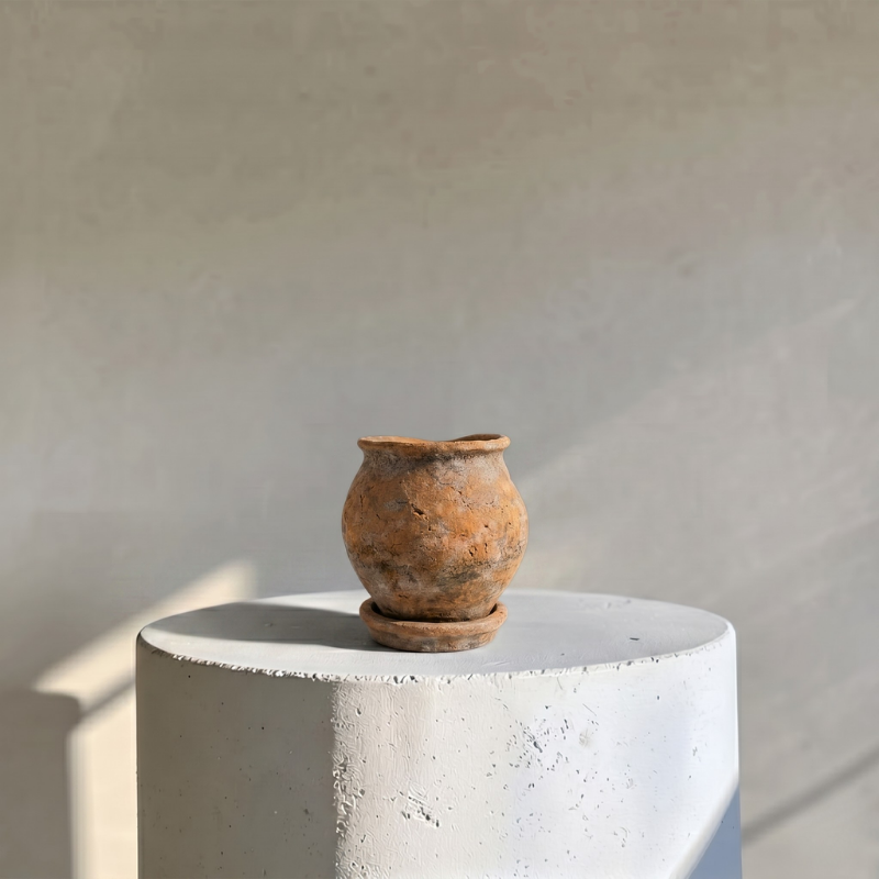 Odyssey Planter with Dish and Drainage Hole, Cement Pot, 6"D x 6.5"H