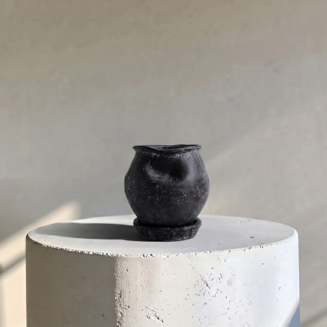 Odyssey Planter with Dish and Drainage Hole, Cement Pot in Weathered Black, 6"D x 6.5"H