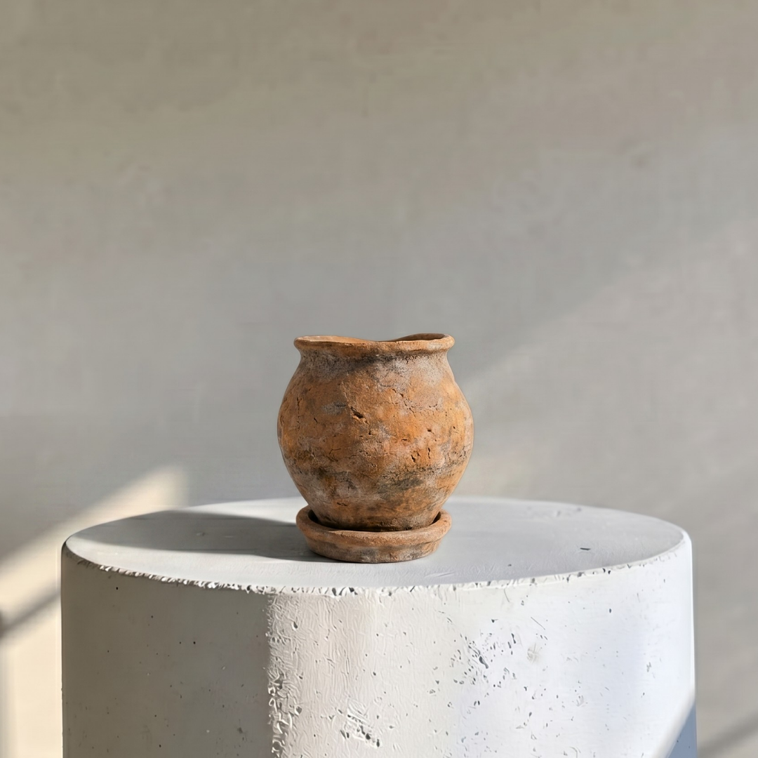 Odyssey Planter with Dish and Drainage Hole, Cement Pot, 6"D x 6.5"H