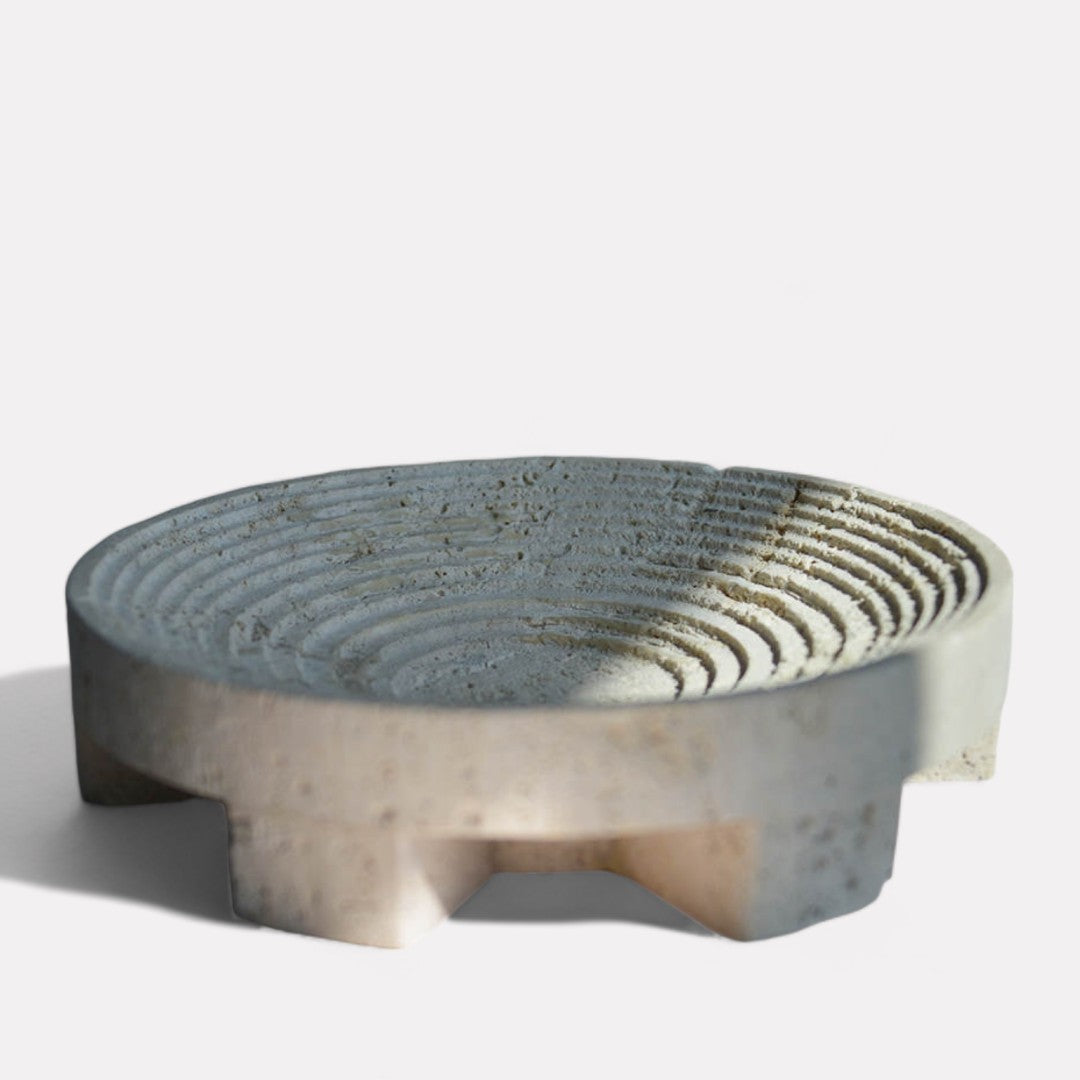 Grazia Travertine Stone, Round Shallow Tray with Modern-edged Detail