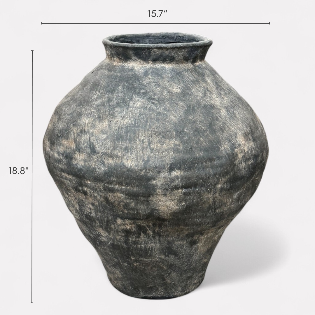 Mojave Rustique Fiber Clay Vessel, Hand-Painted in Weathered Black 15.7" D x 18.8" H