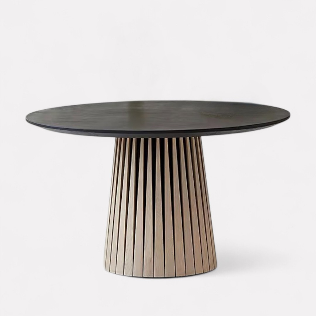 Tholos, Concrete & Oak Round Table Finished in Blackened Concrete & Brushed Light Oak, 52”D x 30”H