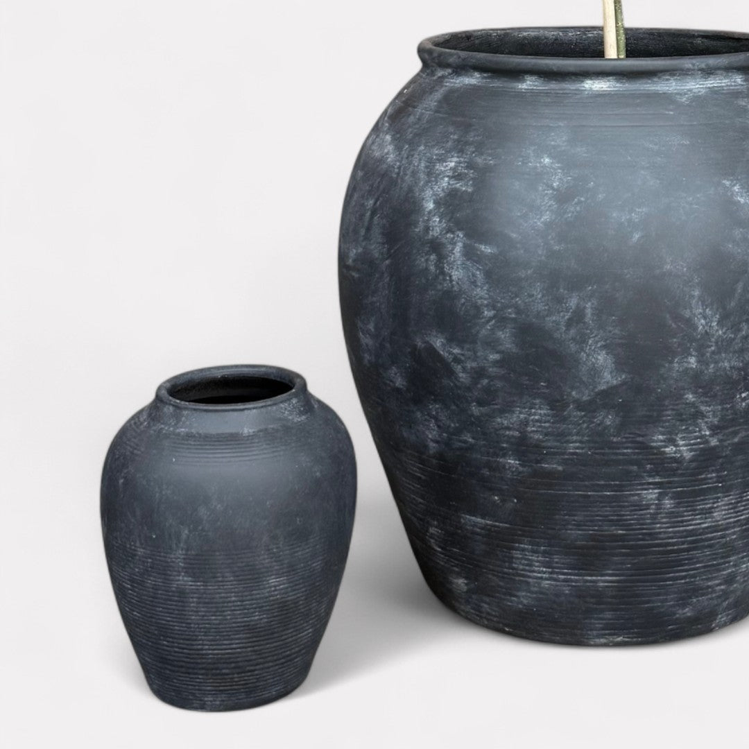 Heritage Classic Terracotta Vessel - Hand-Painted in Weathered Black, 7.8"D x 9.4"H