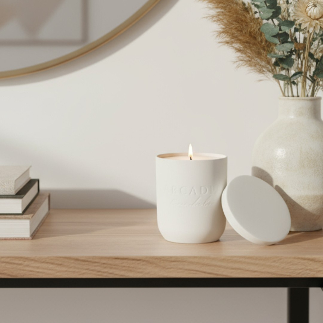 Nova Blanc Modern Stone Candēla Vessel with Lid, 2.3"D x 4"H