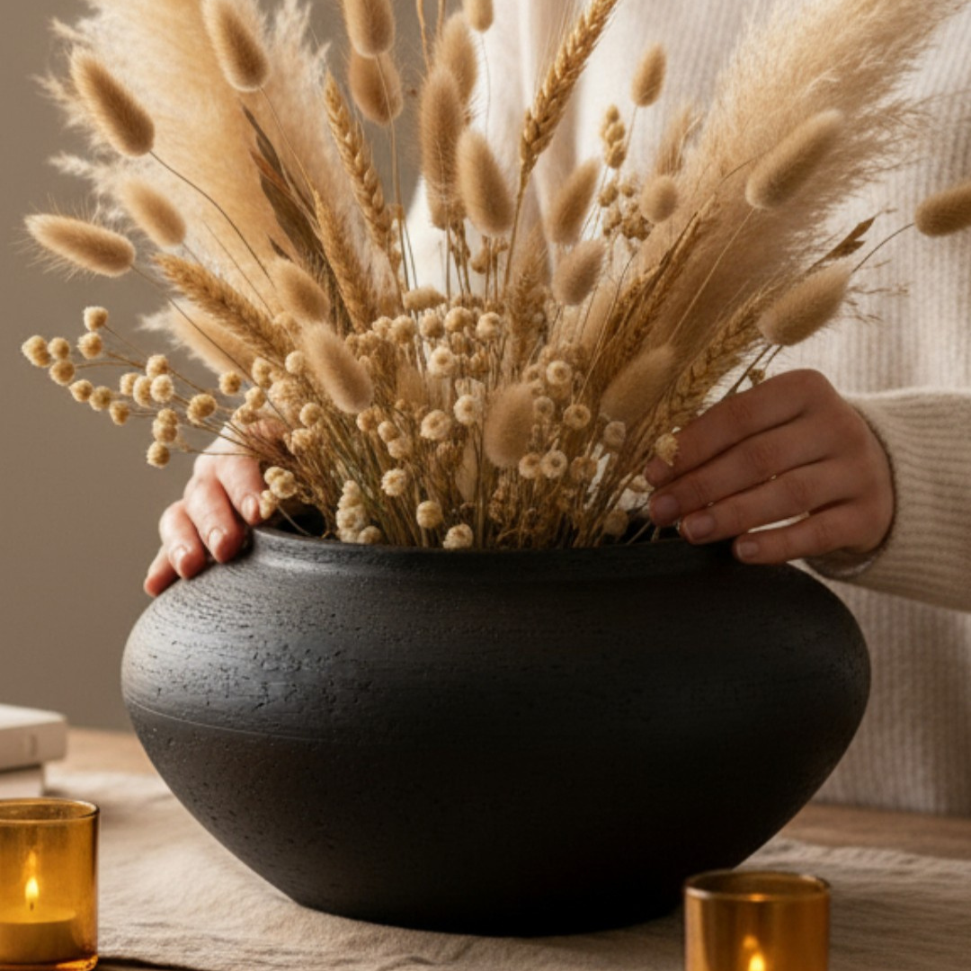 Milan, Terracotta Vessel, Handpainted in Jet Black, 12.5"D x 6.2"H