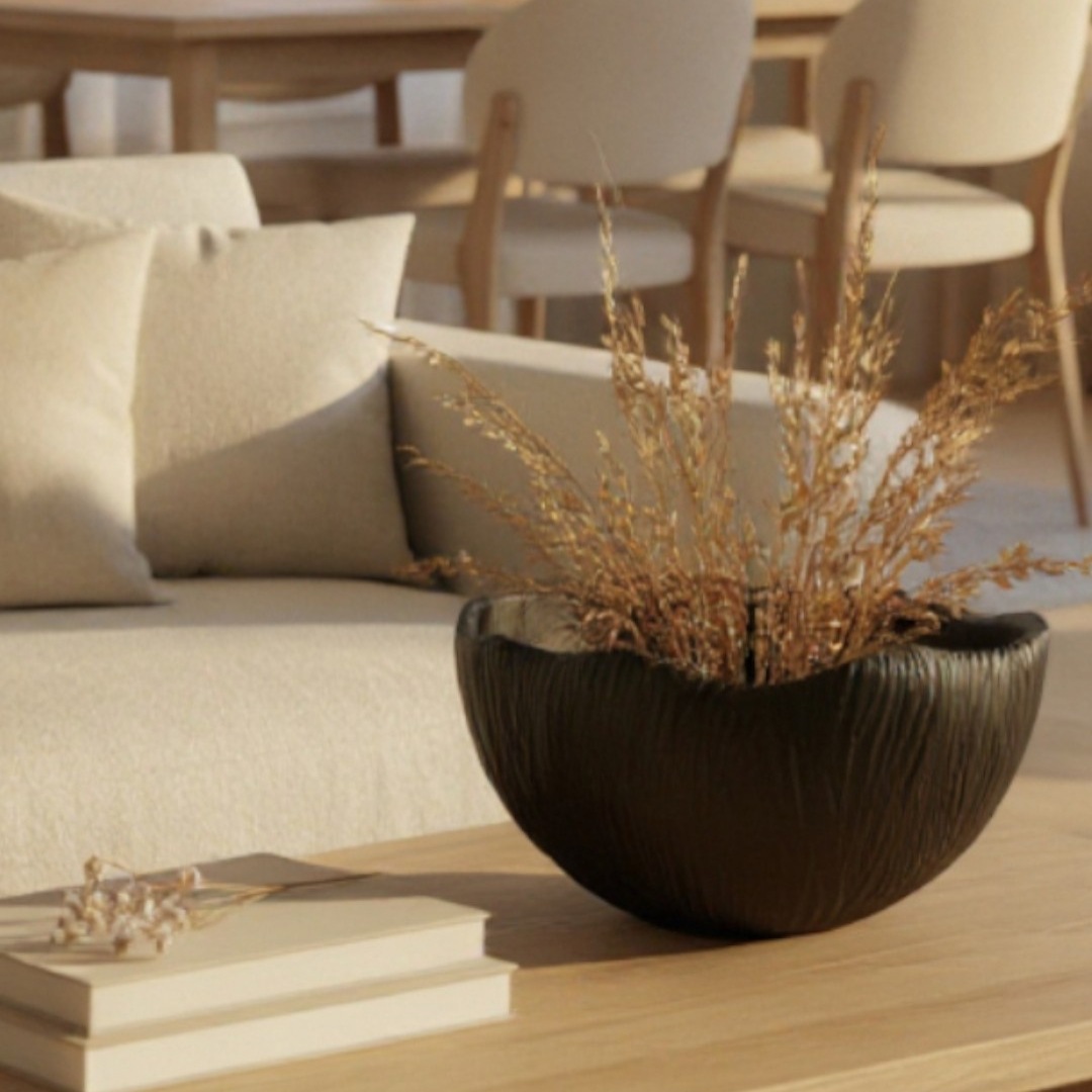 Somerset Bowl, Artisan Cement Display Piece Hand-painted in Jet Black, 11.5"D x 5.5"H