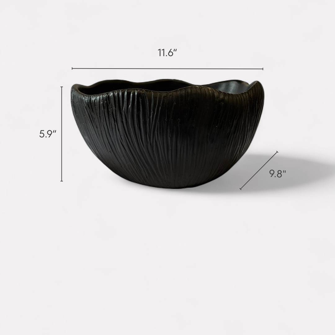 Somerset Bowl, Artisan Cement Display Piece Hand-painted in Jet Black, 11.6' L x 9.8" W x 5.9" H