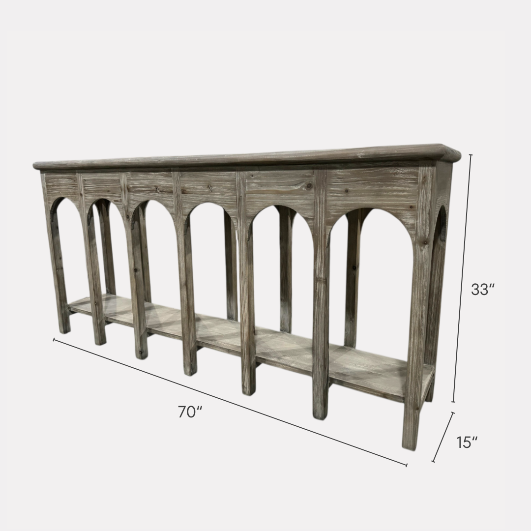 Aeris, Arched Reclaimed Pine Console Table in Cold Smoky Grey Finish, 70”L x 15”W x 33”H
