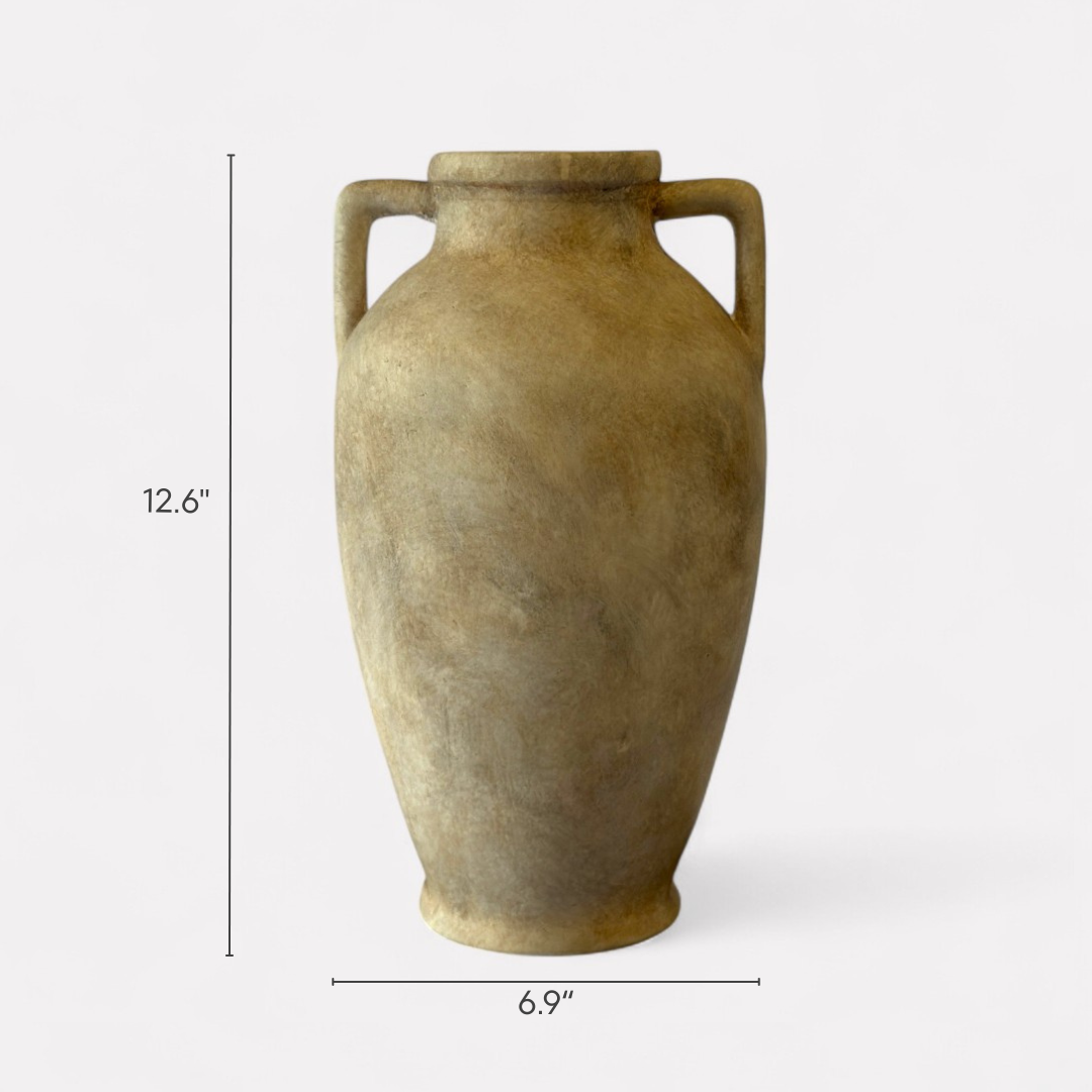 Hearth Terracotta Pot with Handles, Hand-Painted in Aged White, 6.9"D X 12.6"H