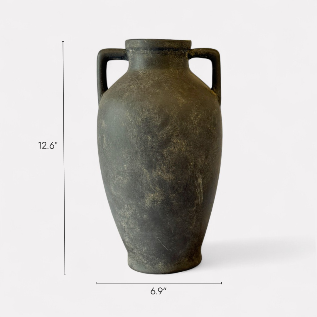 Hearth Terracotta Pot with Handles, Hand-Painted in Aged Black, 6.9"D X 12.6"H