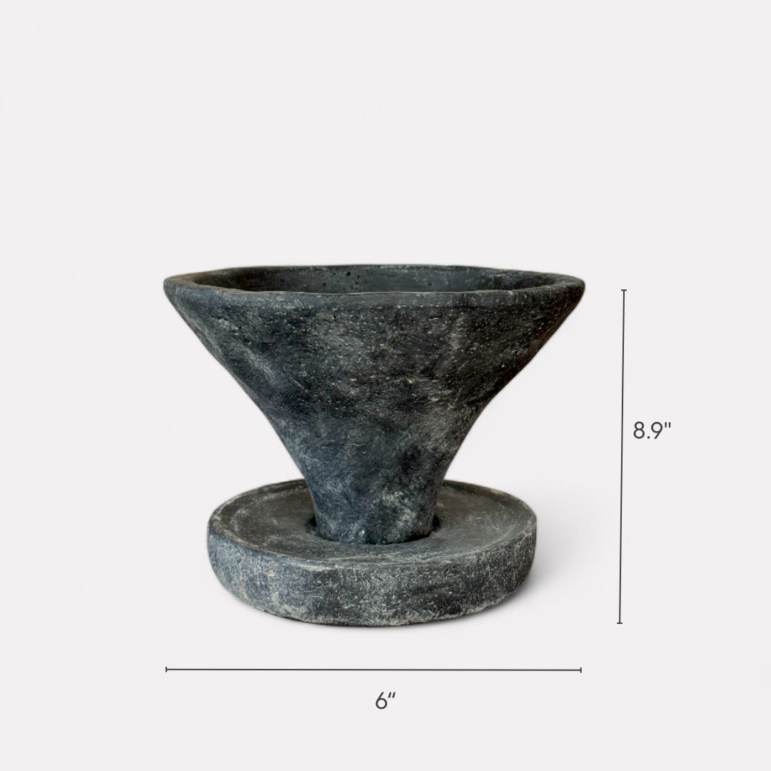 Athena, Cement Pot with Dish and Drainage Hole, hand-painted in Weathered Black, 7"D X 4.7"H